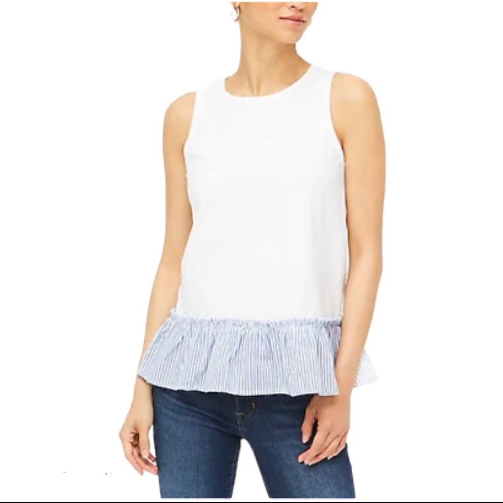 J.Crew Cotton Woven Hem Tank Top White Blue Medium
